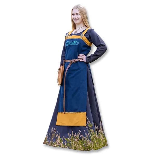 Wikinger Schürzenkleid mit Stickerei, blau / senfgelb