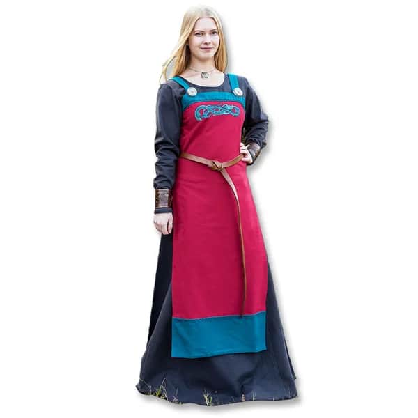 Wikinger Schürzenkleid mit Stickerei, rot / petrol