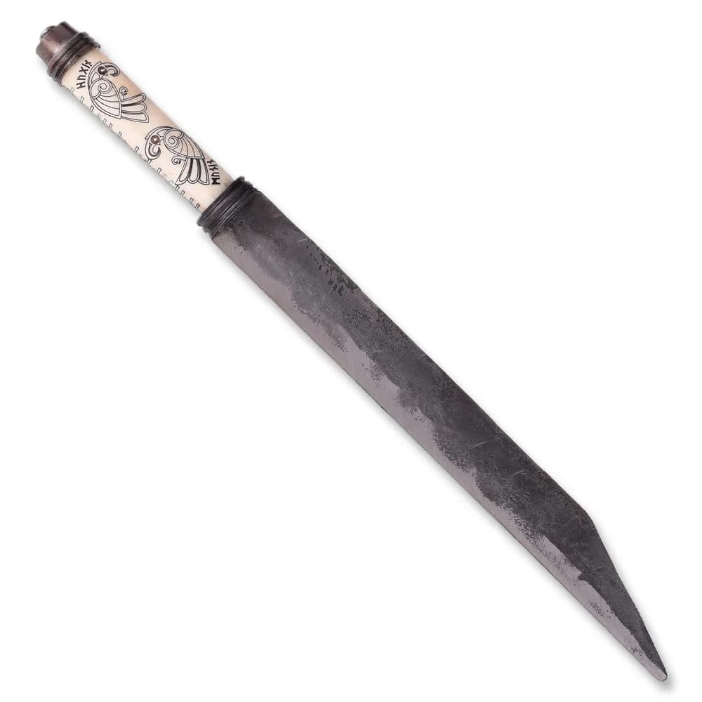 Wikinger-Langsax, Knochengriff und Lederscheide mit nordischen Raben Hugin und Munin verziert