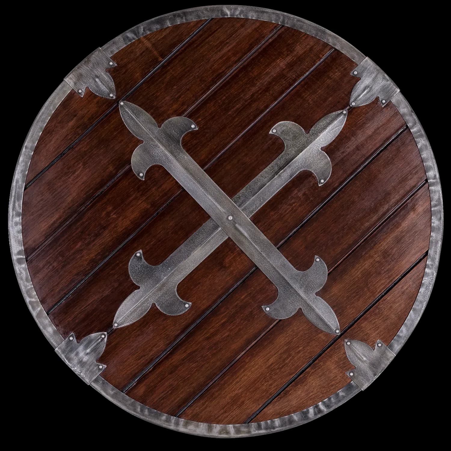 Rundschild aus Holz mit Stahlbeschlägen