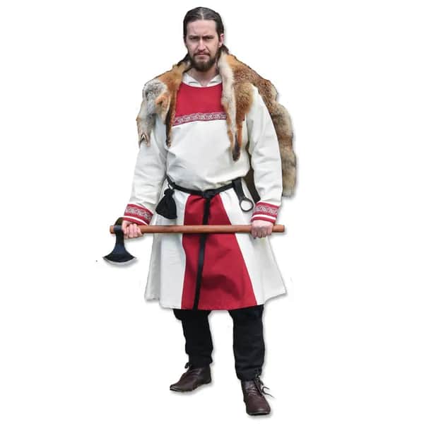 Wikinger Tunika Halvar mit Stickerei, rot/natur in XL