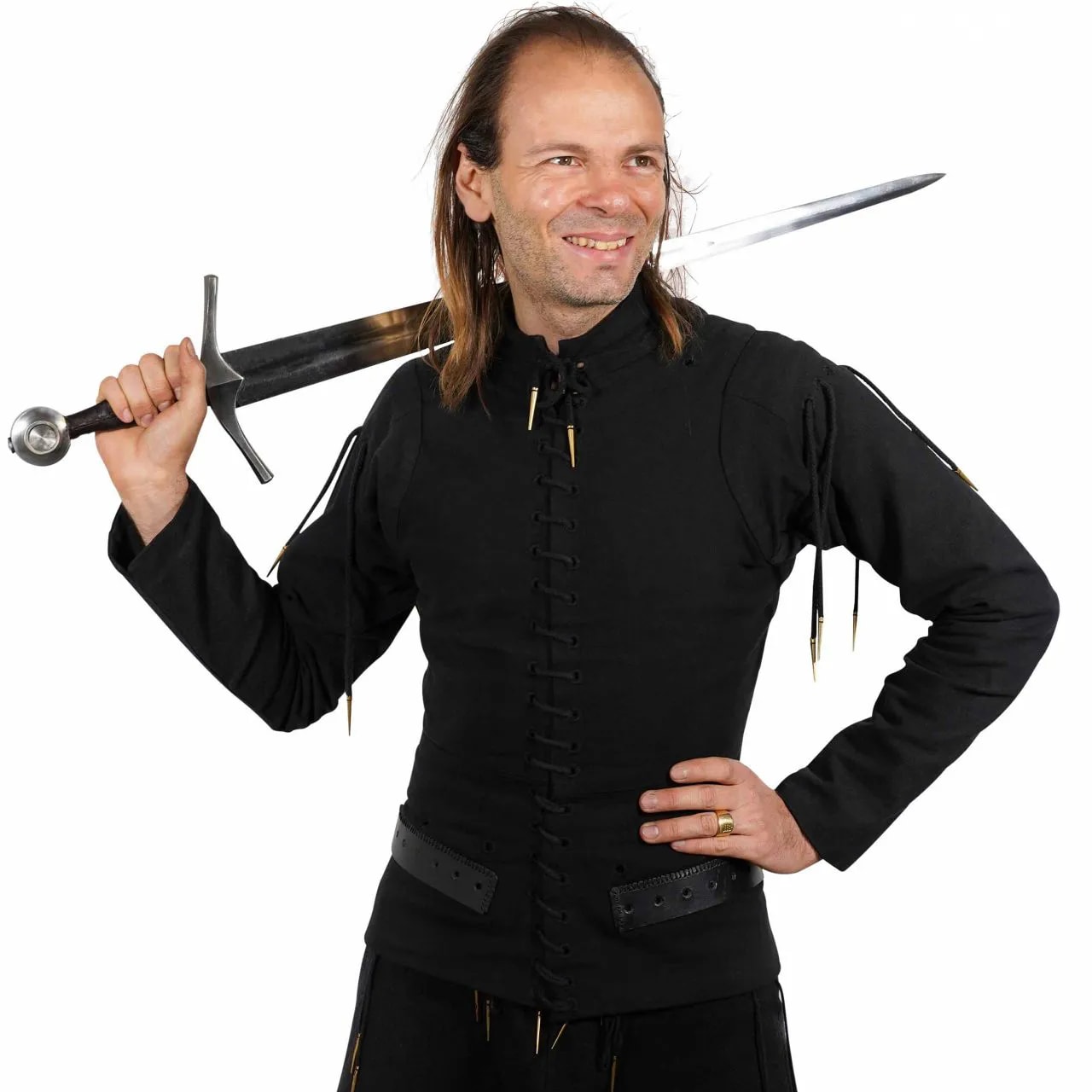 XXL/Schwarz- Spätmittelalterlicher Wams mit Nesteln